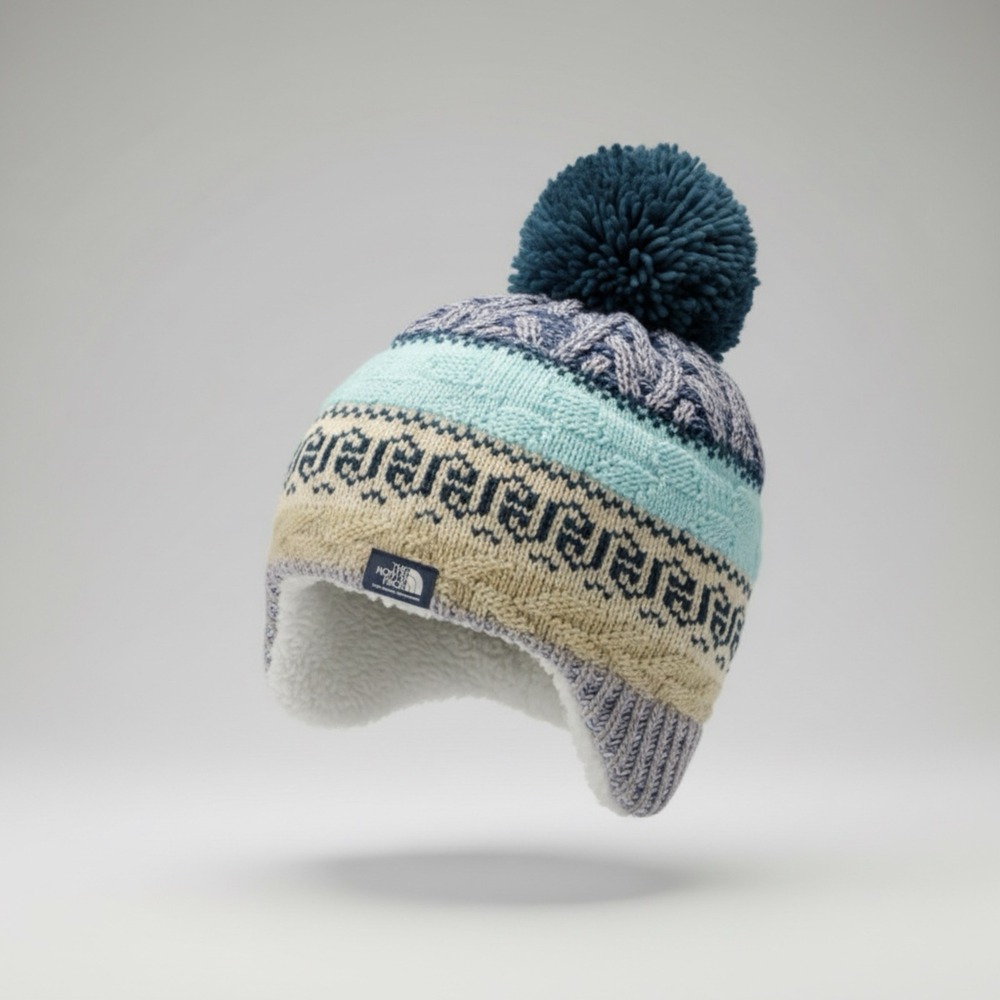 The North Face Baby Earflap Beanie Hat Blue Knit Pom Pom Vintage Retro 6-24M